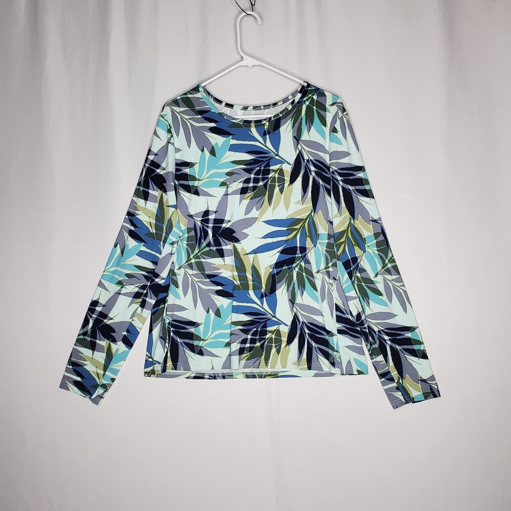 Hang Ten Top Womens XXL Tropical Leaf Watercolor Long Sleeve UPF50 Zipper Pocket